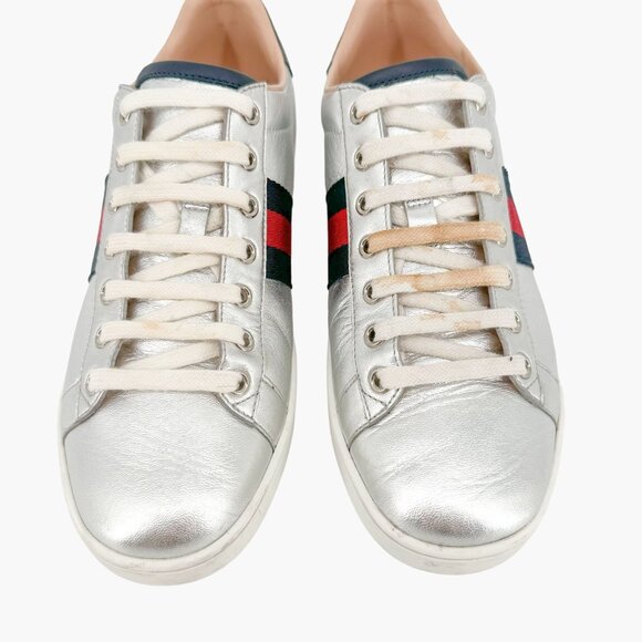 Gucci Ace Web Stripe Sneaker EU 38.5 US 8.5 Metallic Silver Leather Low Top Shoe - Picture 3 of 12